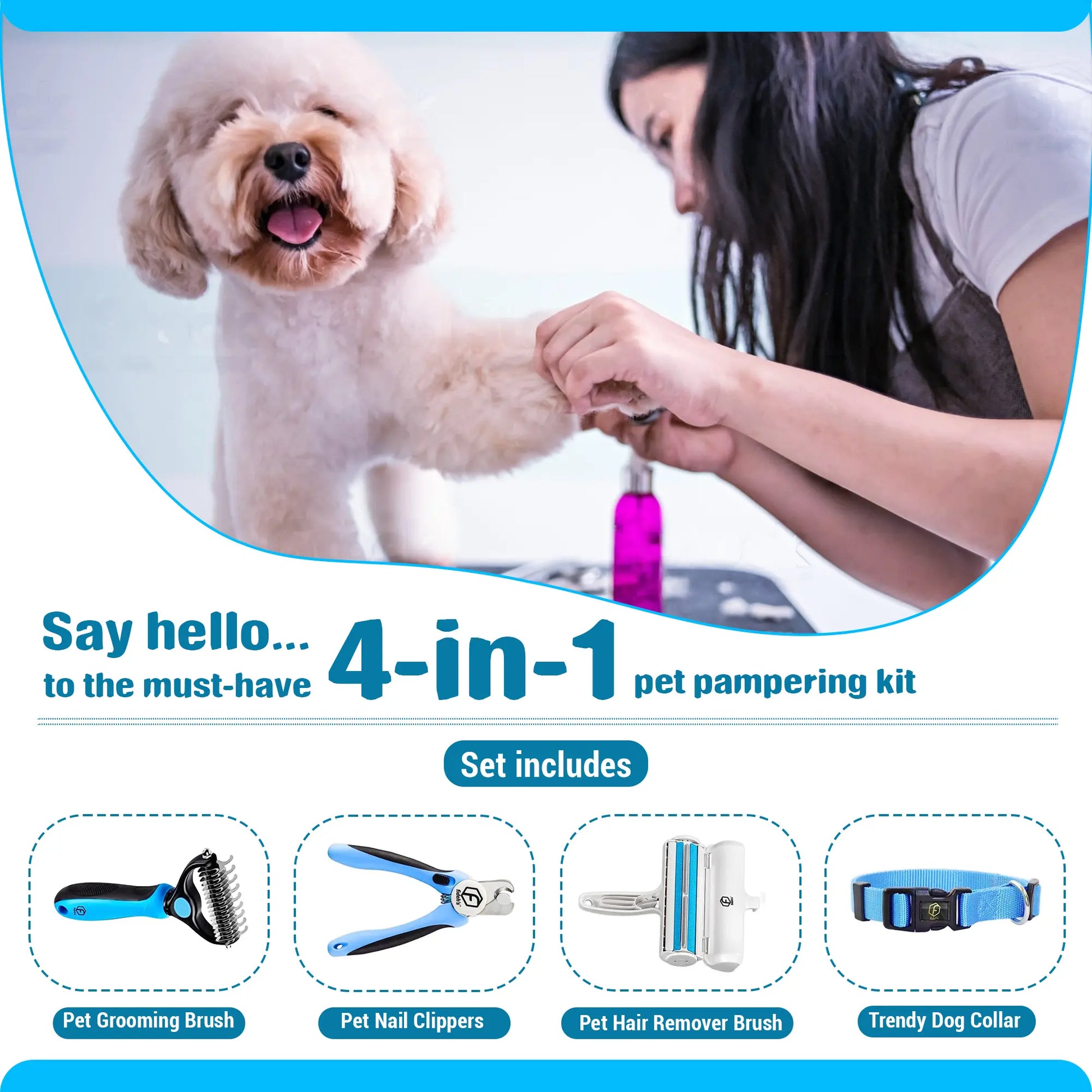 FIDEH’s Ultimate 4-In-1 Pet Grooming Set: Hair Remover Brush, Double-Sided Shedding Comb, Nail Clippers & Adjustable Collar for Dogs and Cats - Perfect for Medium Pets (4 Pcs in Pink)