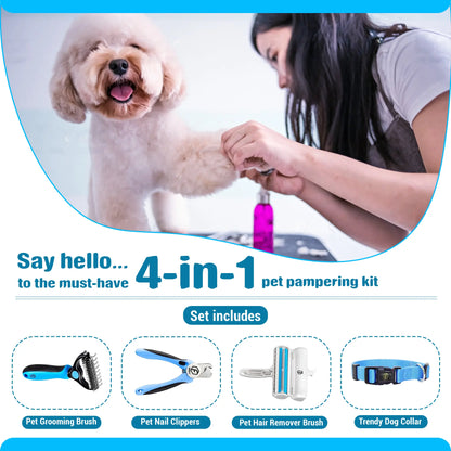 FIDEH’s Ultimate 4-In-1 Pet Grooming Set: Hair Remover Brush, Double-Sided Shedding Comb, Nail Clippers & Adjustable Collar for Dogs and Cats - Perfect for Medium Pets (4 Pcs in Pink)