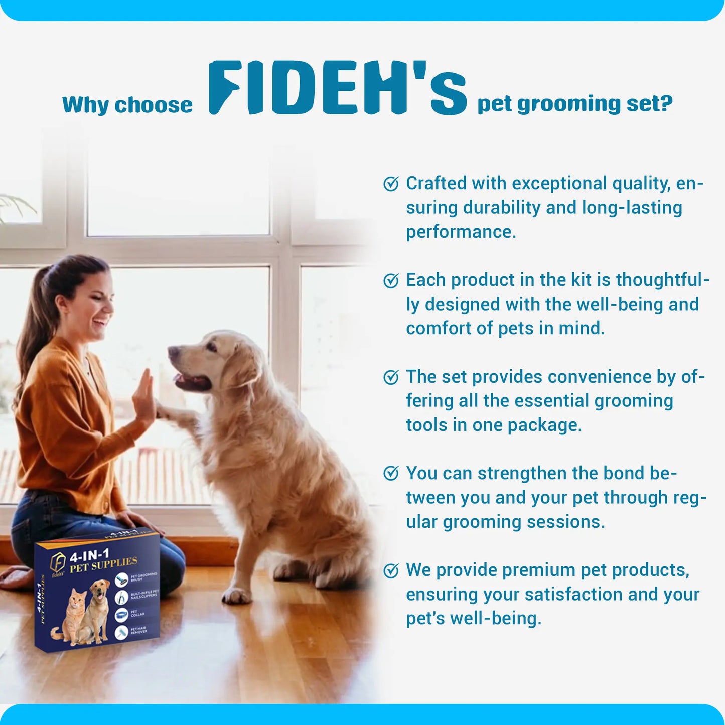 FIDEH’s Ultimate 4-In-1 Pet Grooming Set: Hair Remover Brush, Double-Sided Shedding Comb, Nail Clippers & Adjustable Collar for Dogs and Cats - Perfect for Medium Pets (4 Pcs in Pink)