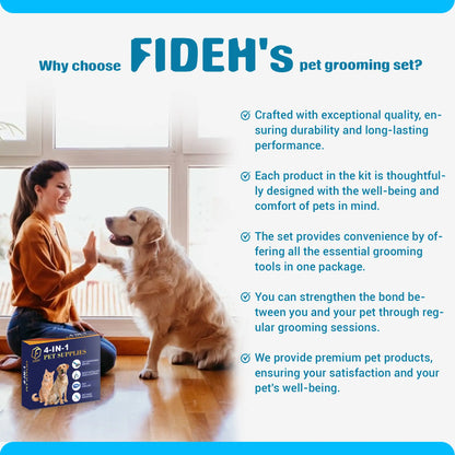 FIDEH’s Ultimate 4-In-1 Pet Grooming Set: Hair Remover Brush, Double-Sided Shedding Comb, Nail Clippers & Adjustable Collar for Dogs and Cats - Perfect for Medium Pets (4 Pcs in Pink)