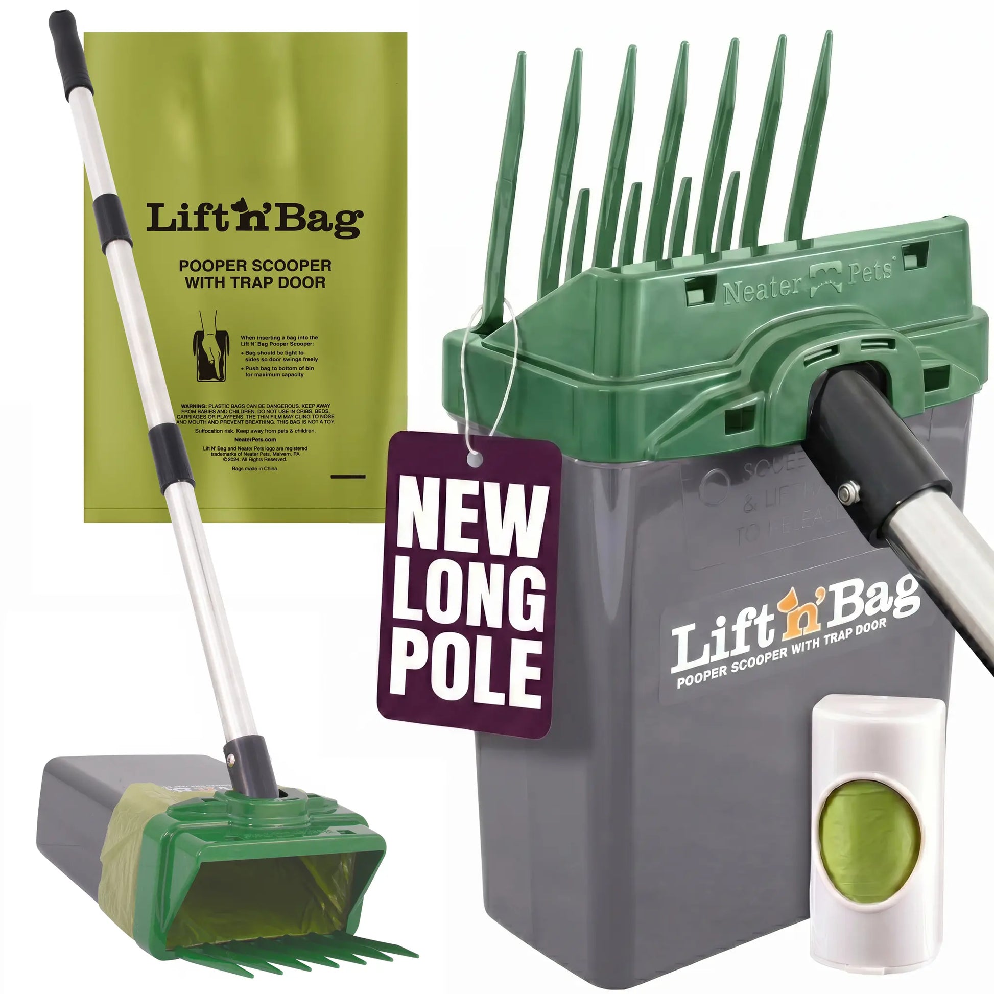 Revolutionize Dog Cleanup with the Neater Pets Lift N' Bag Pooper Scooper - Now with a 31" Extended Pole for Effortless One-Handed Use and Eco-Friendly Extra-Large Bags!