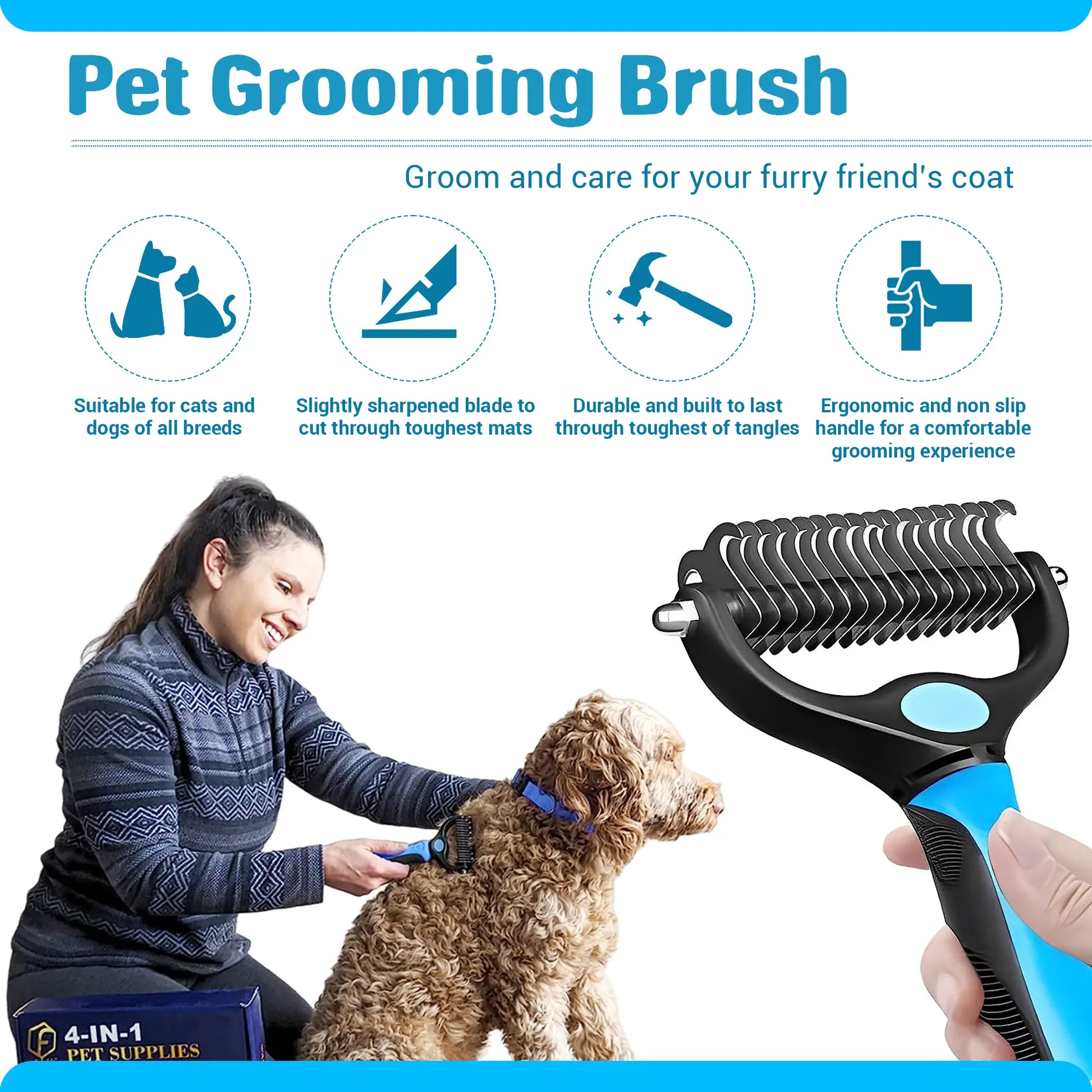 FIDEH’s Ultimate 4-In-1 Pet Grooming Set: Hair Remover Brush, Double-Sided Shedding Comb, Nail Clippers & Adjustable Collar for Dogs and Cats - Perfect for Medium Pets (4 Pcs in Pink)