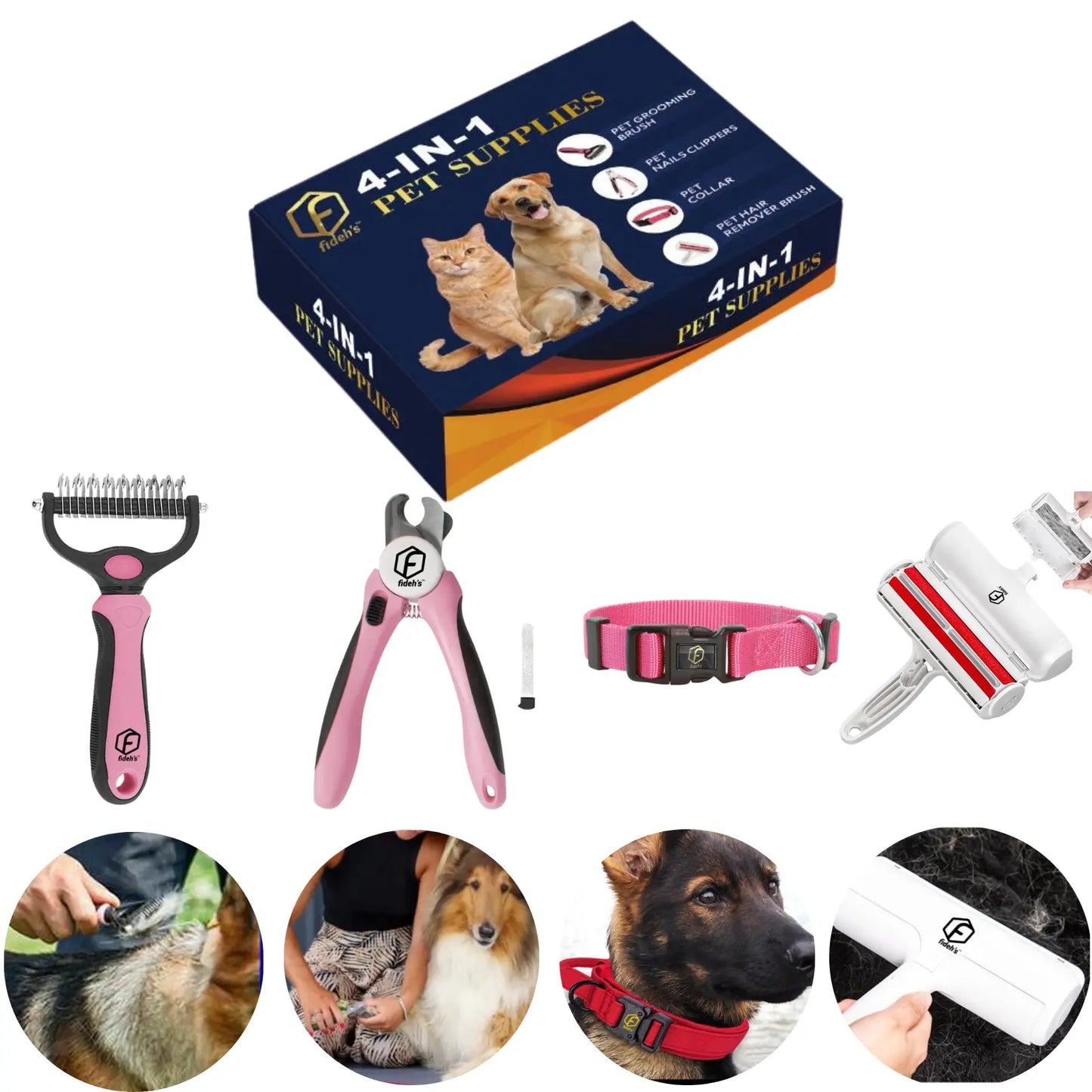 FIDEH’s Ultimate 4-In-1 Pet Grooming Set: Hair Remover Brush, Double-Sided Shedding Comb, Nail Clippers & Adjustable Collar for Dogs and Cats - Perfect for Medium Pets (4 Pcs in Pink)