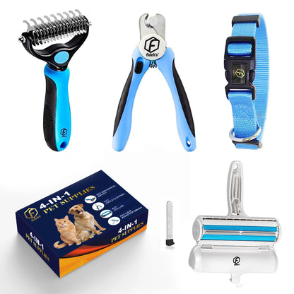 FIDEH’s Ultimate 4-In-1 Pet Grooming Set: Hair Remover Brush, Double-Sided Shedding Comb, Nail Clippers & Adjustable Collar for Dogs and Cats - Perfect for Medium Pets (4 Pcs in Pink)