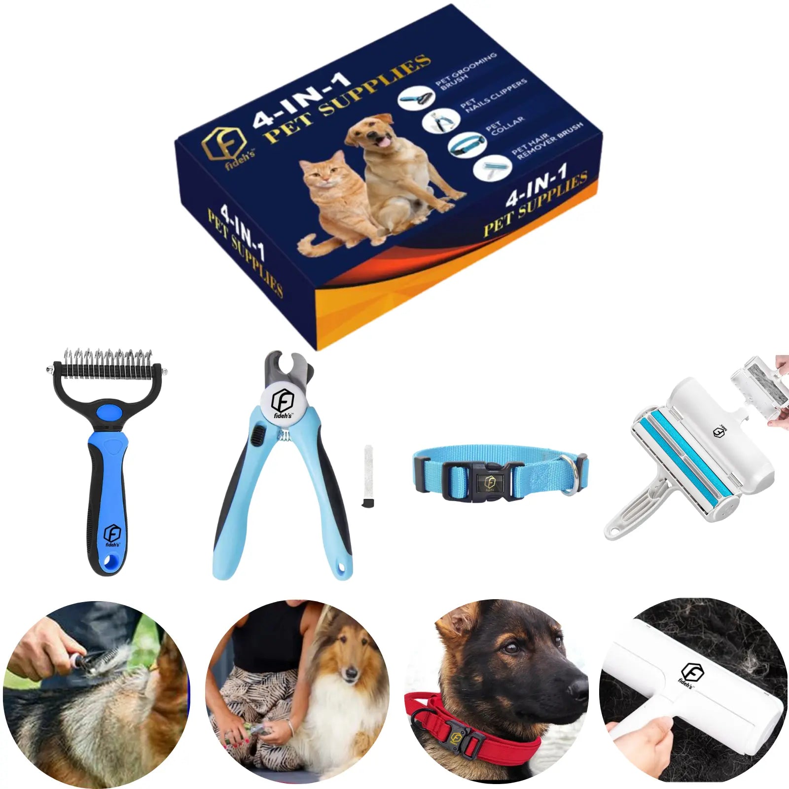 FIDEH’s Ultimate 4-In-1 Pet Grooming Set: Hair Remover Brush, Double-Sided Shedding Comb, Nail Clippers & Adjustable Collar for Dogs and Cats - Perfect for Medium Pets (4 Pcs in Pink)