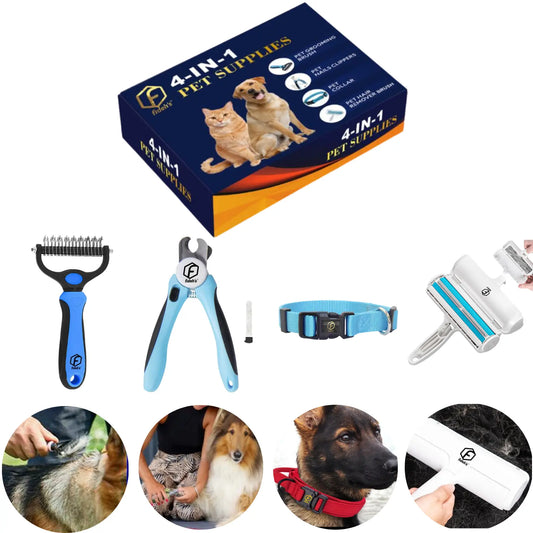 FIDEH’s Ultimate 4-In-1 Pet Grooming Set: Hair Remover Brush, Double-Sided Shedding Comb, Nail Clippers & Adjustable Collar for Dogs and Cats - Perfect for Medium Pets (4 Pcs in Pink)